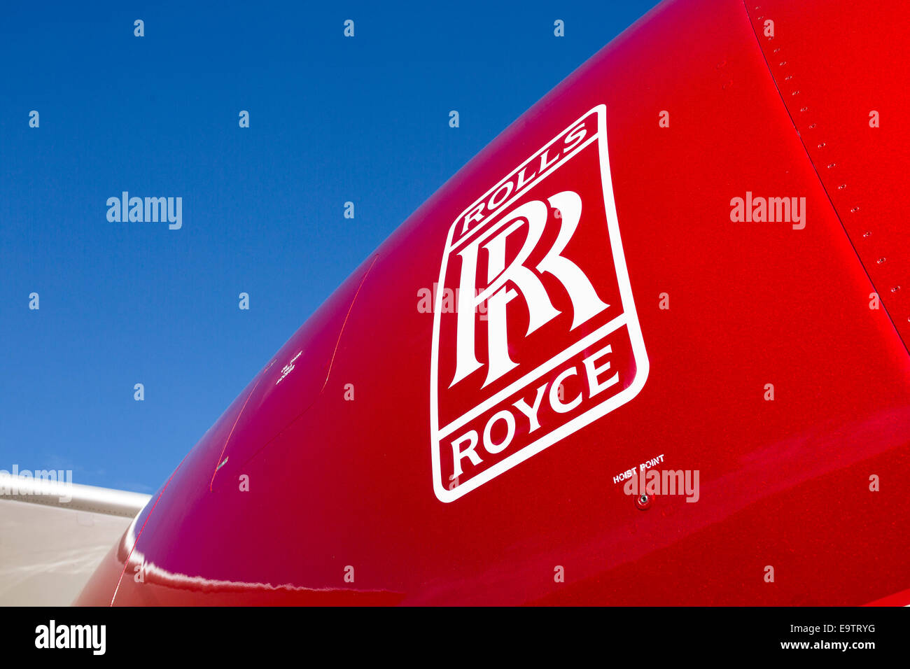 Rolls Royce badge on a Boeing 787 Dreamliner turbine engine. Stock Photo