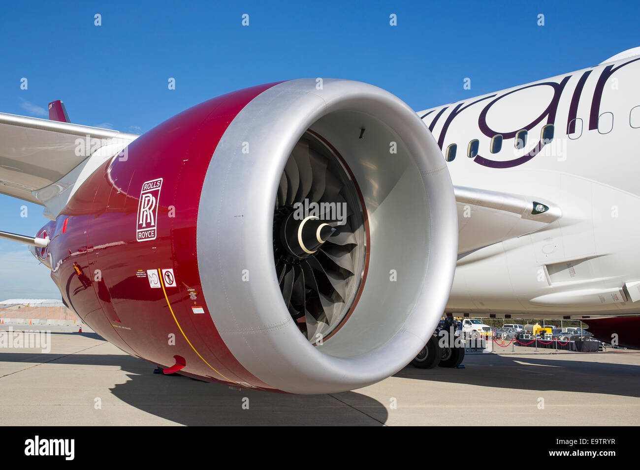 A Rolls Royce Trent 1000 turbofan engine mounted on a new Boeing 787 Dreamliner for Virgin Atlantic. Stock Photo