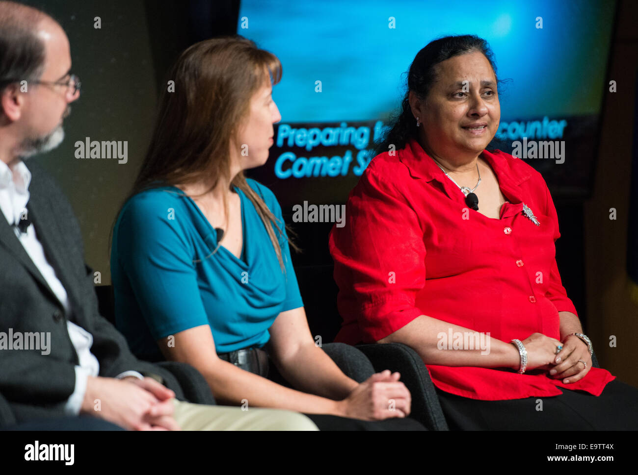 Padma Yanamandra-Fisher, senior research scientist, Space Science Institute, Rancho Cucamonga Branch, California, right, gives remarks during a media briefing where she and other panelists outlined how space and Earth-based assets will be used to image an Stock Photo