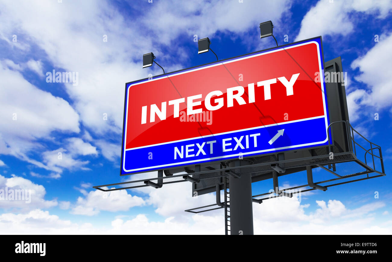 Integrity - Red Billboard on Sky Background. Business Concept. Stock Photo