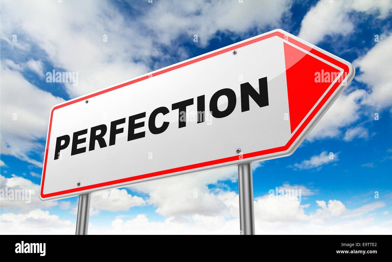 Perfection - Inscription on Red Road Sign on Sky Background. Stock Photo
