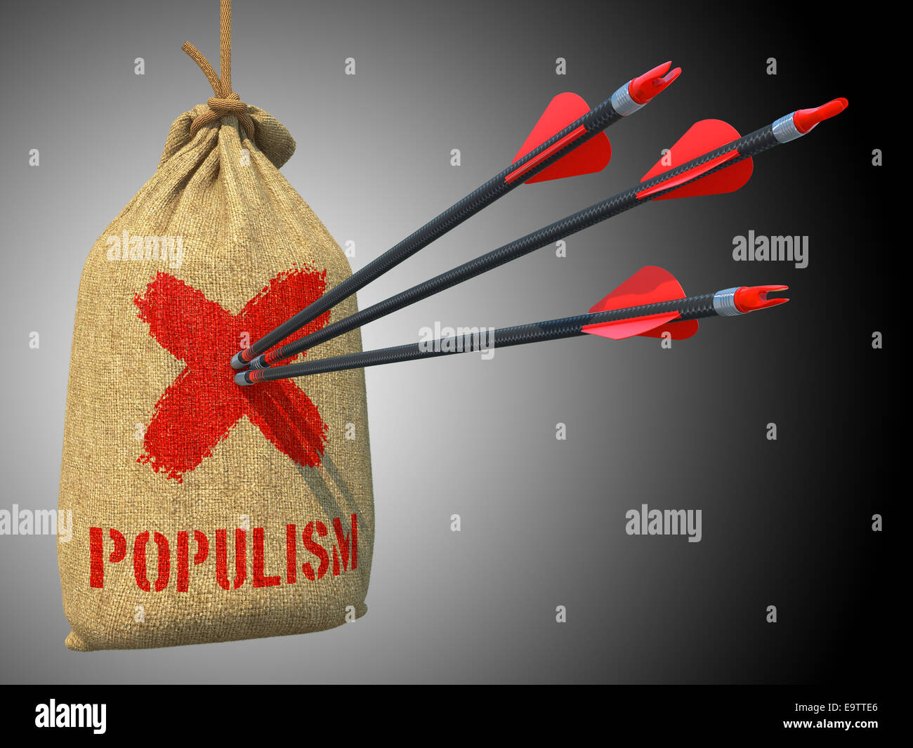 Populism - Three Arrows Hit in Red Target on a Hanging Sack on Green Bokeh Background. Stock Photo