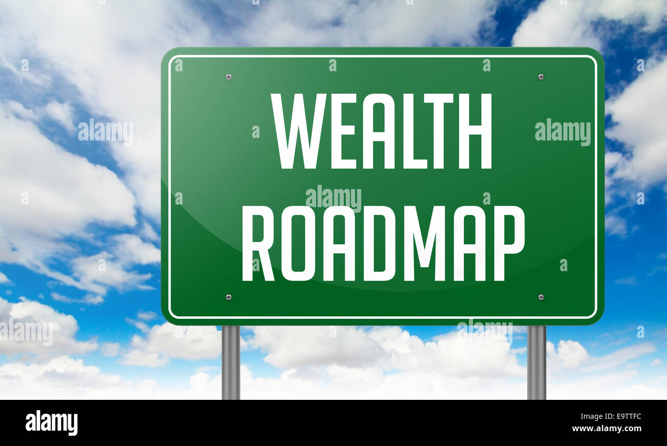 Highway Signpost with Wealth Roadmap wording on Sky Background. Stock Photo
