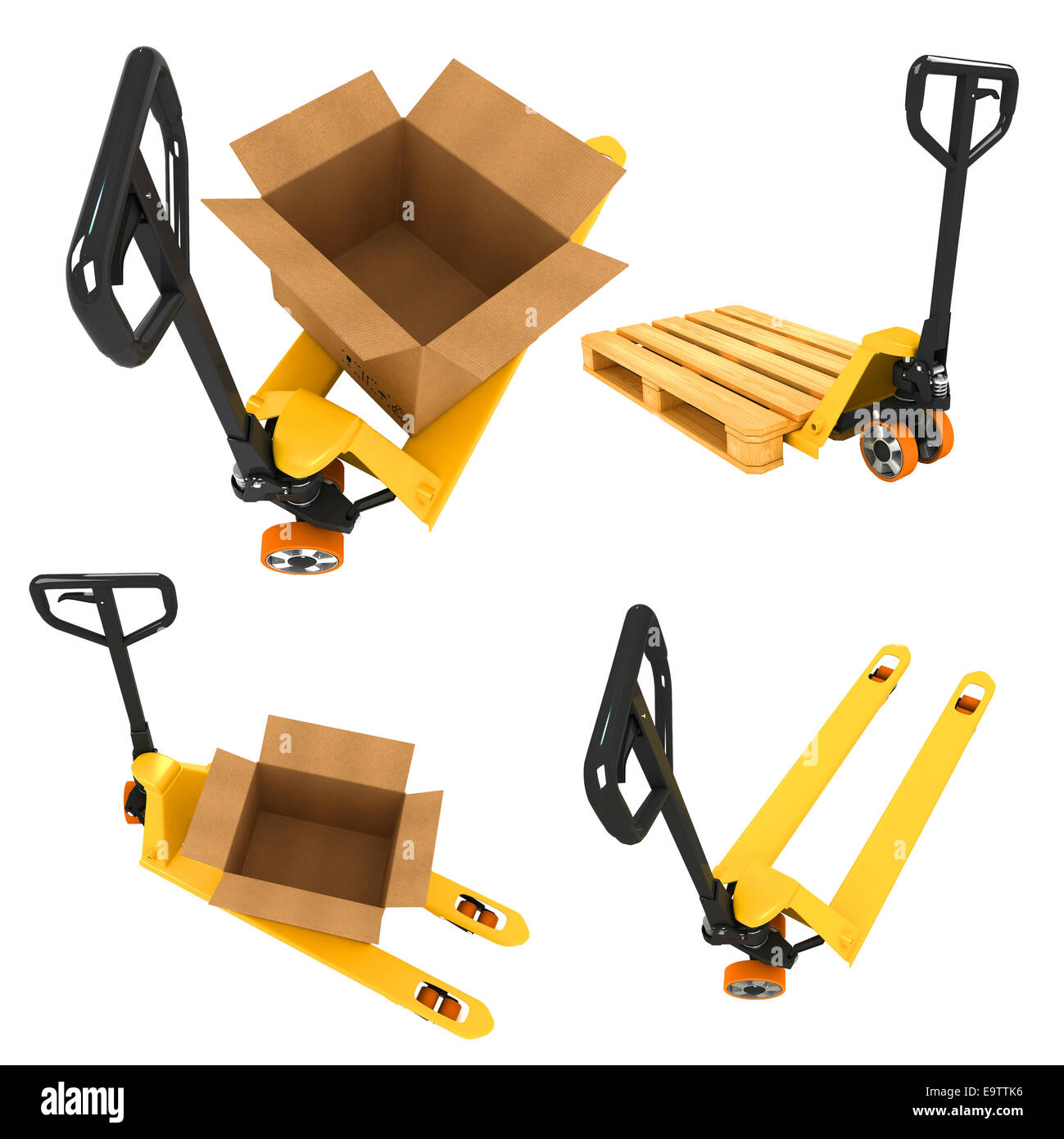 Shipment Concepts - Set of 3D Pallet Truck and Open Cardboard Boxes. Stock Photo