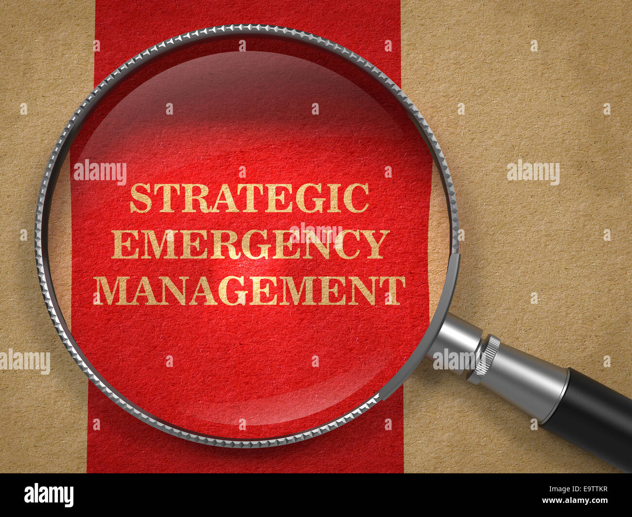 Strategic Emergency Management through Magnifying Glass on Old Paper with Red Vertical Line. Stock Photo