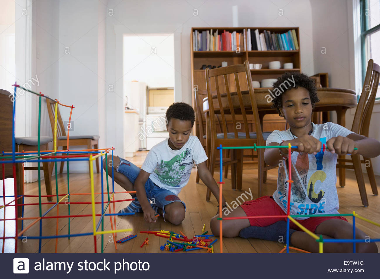 Boys constructing connector toy in living room Stock Photo