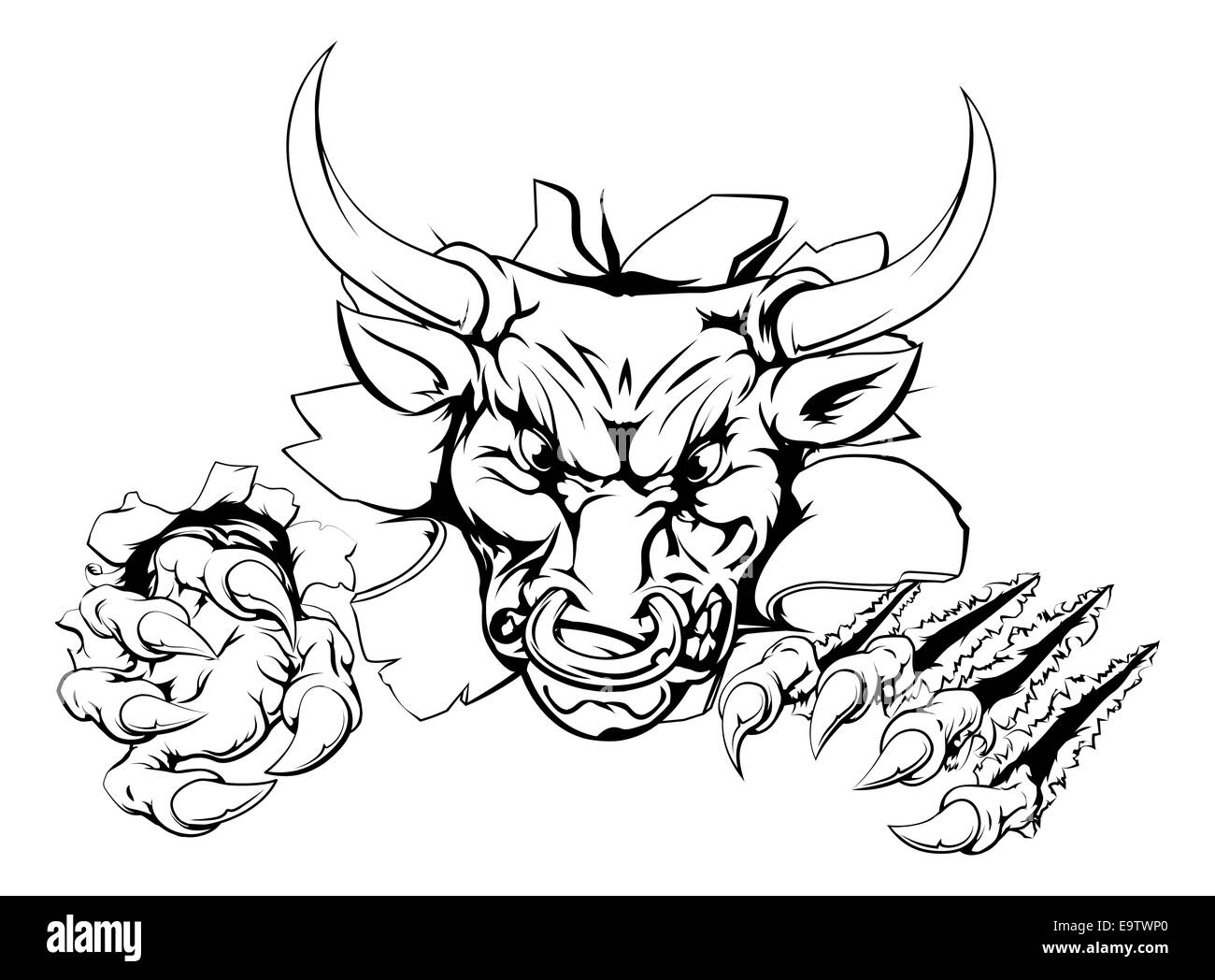 A tough bull animal sports mascot breaking through a wall Stock Photo