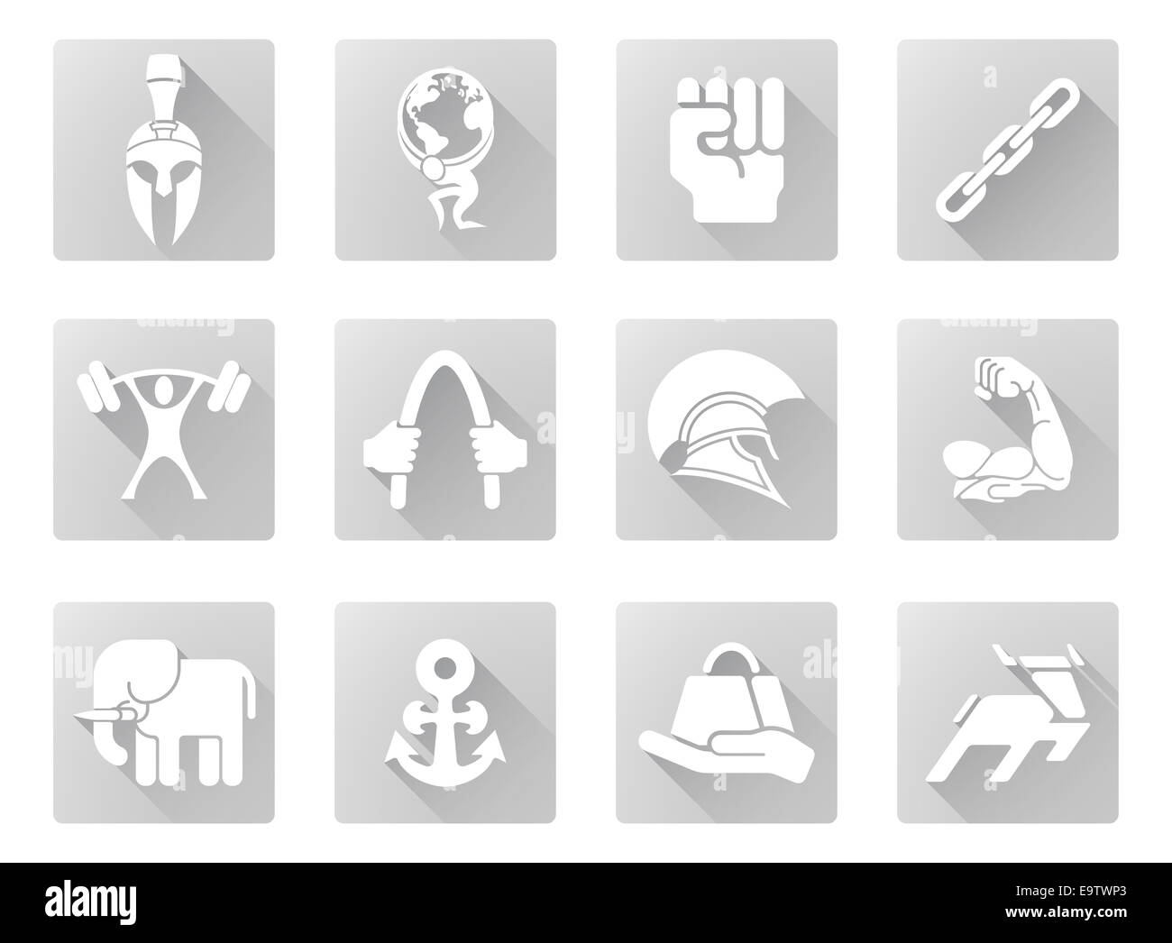 Conceptual strength icon set of icons relating to the concept of strength or being strong in a modern flat shadow style Stock Photo