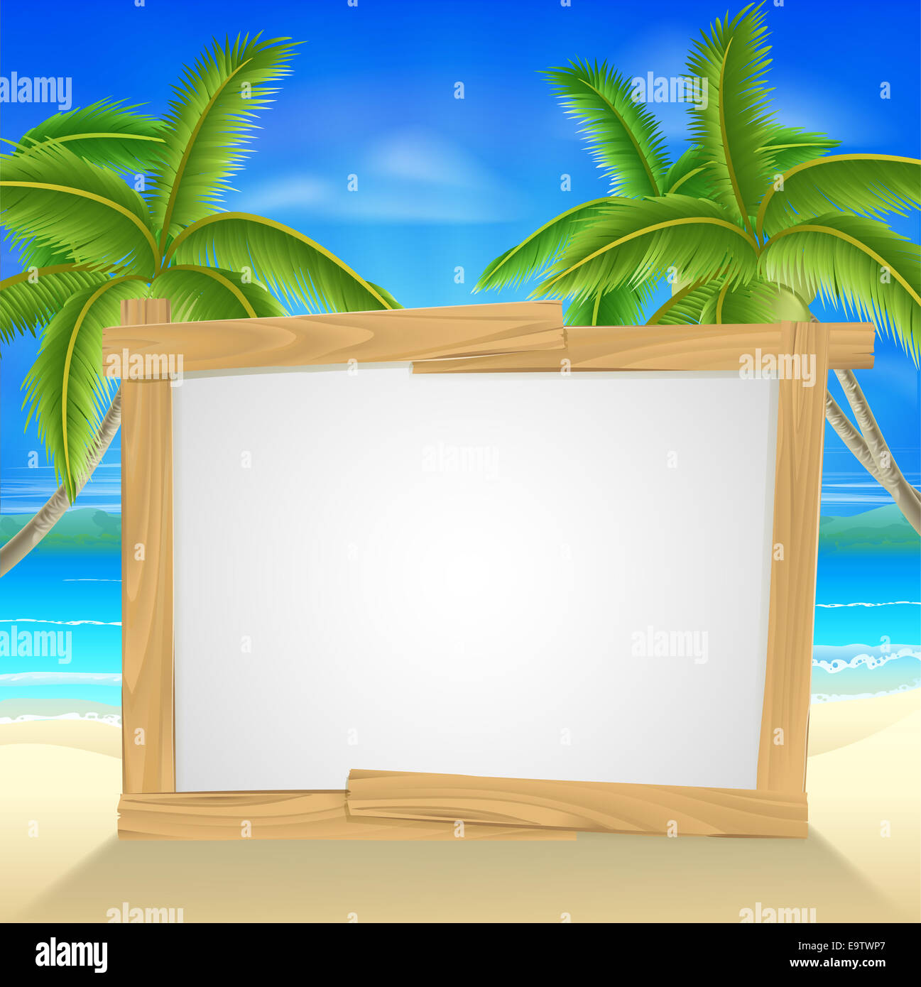 Beach holiday or vacation palm tree sign of a wooden sign on a tropical beach. Could also be used for a beach party invite. Stock Photo