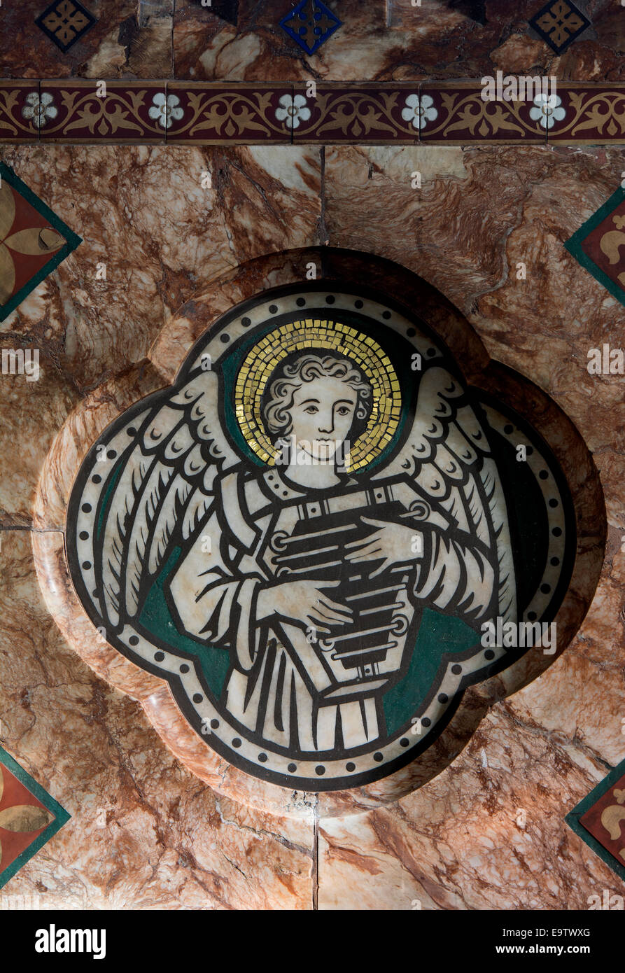 Reredos angel musician detail, St. John the Baptist Church, Fladbury, Worcestershire, England, UK Stock Photo