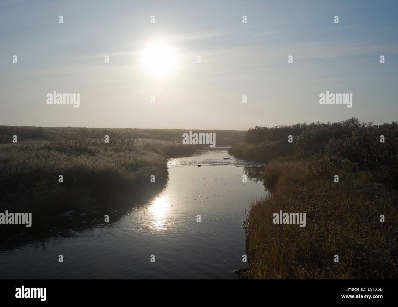 Hazy morning at Linkinjohka river Stock Photo
