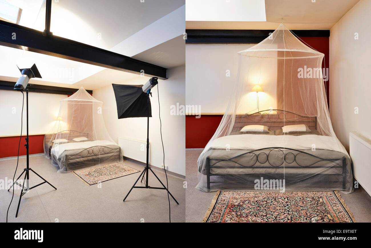 Photo studio with lighting equipment , ready to shot bed and result Stock Photo
