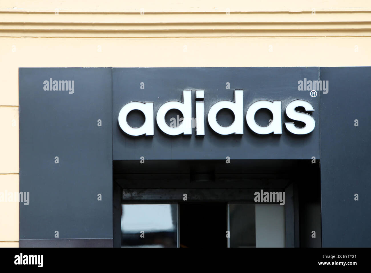 ZAGREB, CROATIA - FEBRUARY 24 : Adidas logo on the entrance of the shop on  February 24th, 2014 in Zagreb, Croatia Stock Photo - Alamy