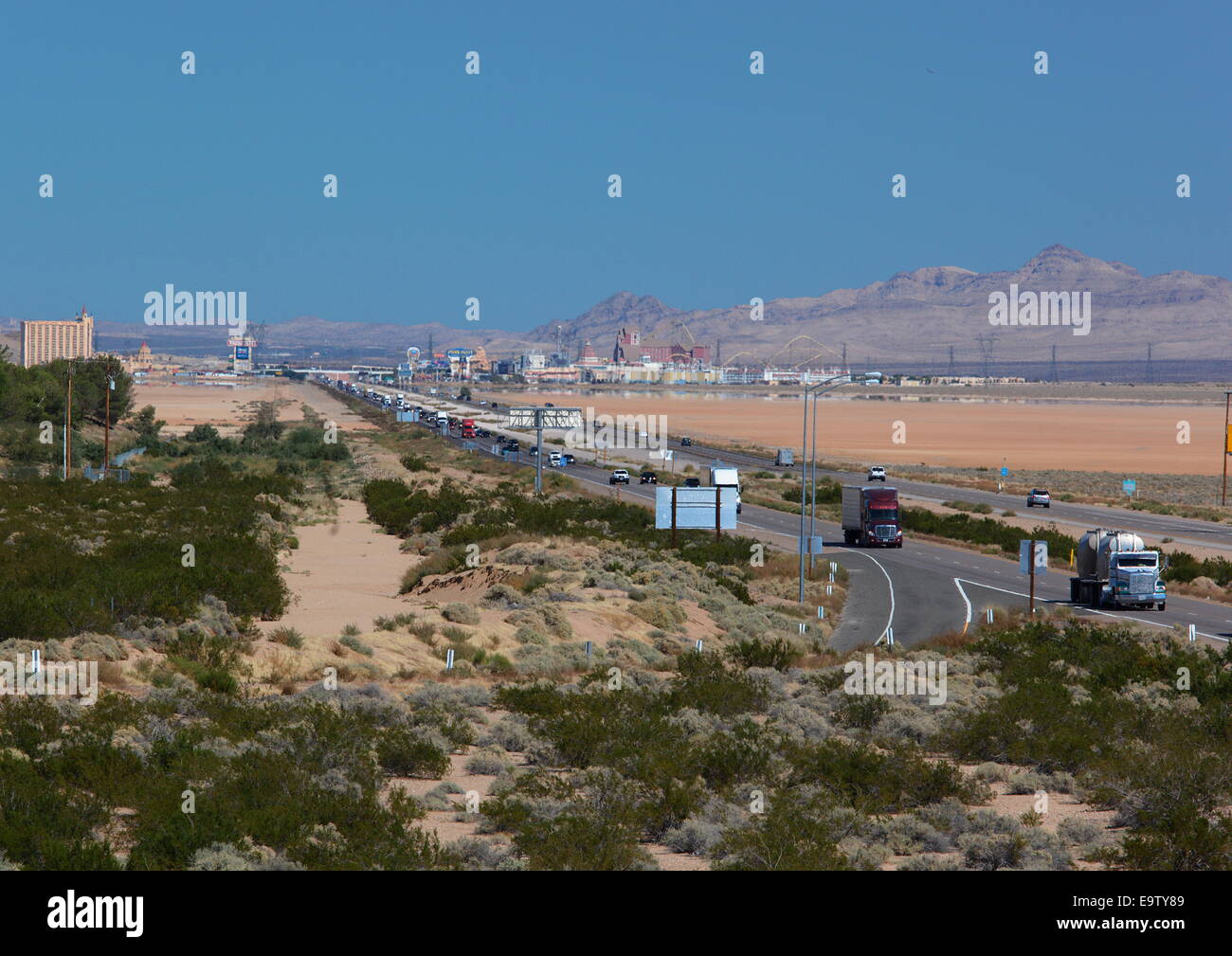 Interstate 15 and Casinos on the Nevada state line seen from Primm, California, USA. Stock Photo