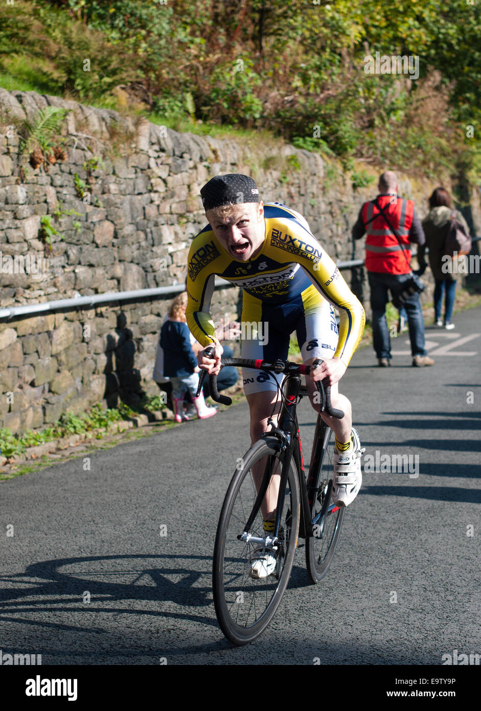 Cyclist in hill climbing race in Ramsbottom, Lancashire Stock Photo - Alamy