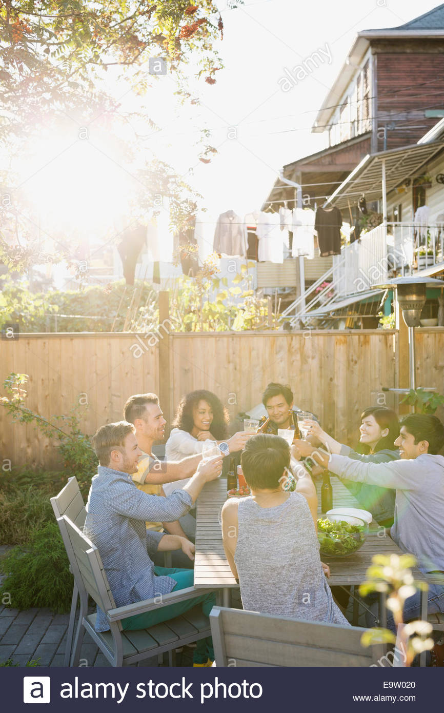 Friends toasting at backyard barbecue Stock Photo