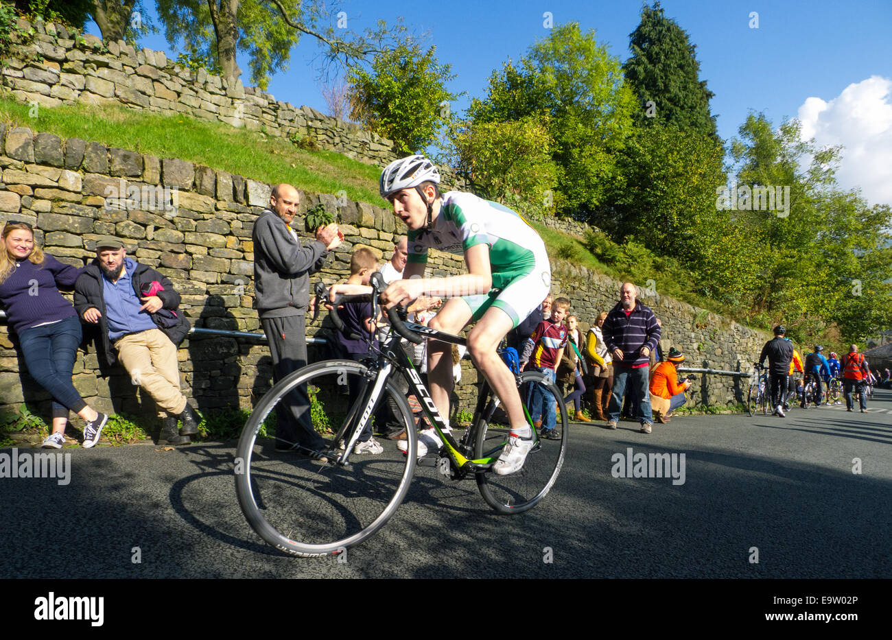 Cyclist in hill climbing race in Ramsbottom, Lancashire Stock Photo - Alamy