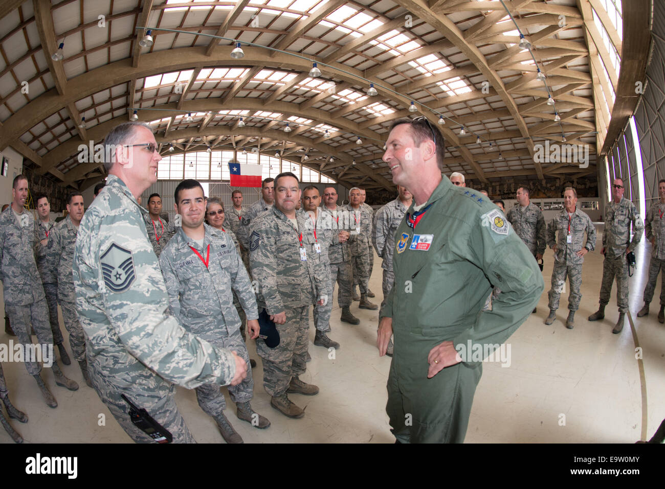U.S. Air Force Lt. Gen. Joseph L. Lengyel, foreground right, the vice chief of the National Guard Bureau, meets with Airmen assigned to his former unit, the 149th Fighter Wing, Texas Air National Guard, at Cerro Moreno Air Base near Antofagasta, Chile, Oc Stock Photo