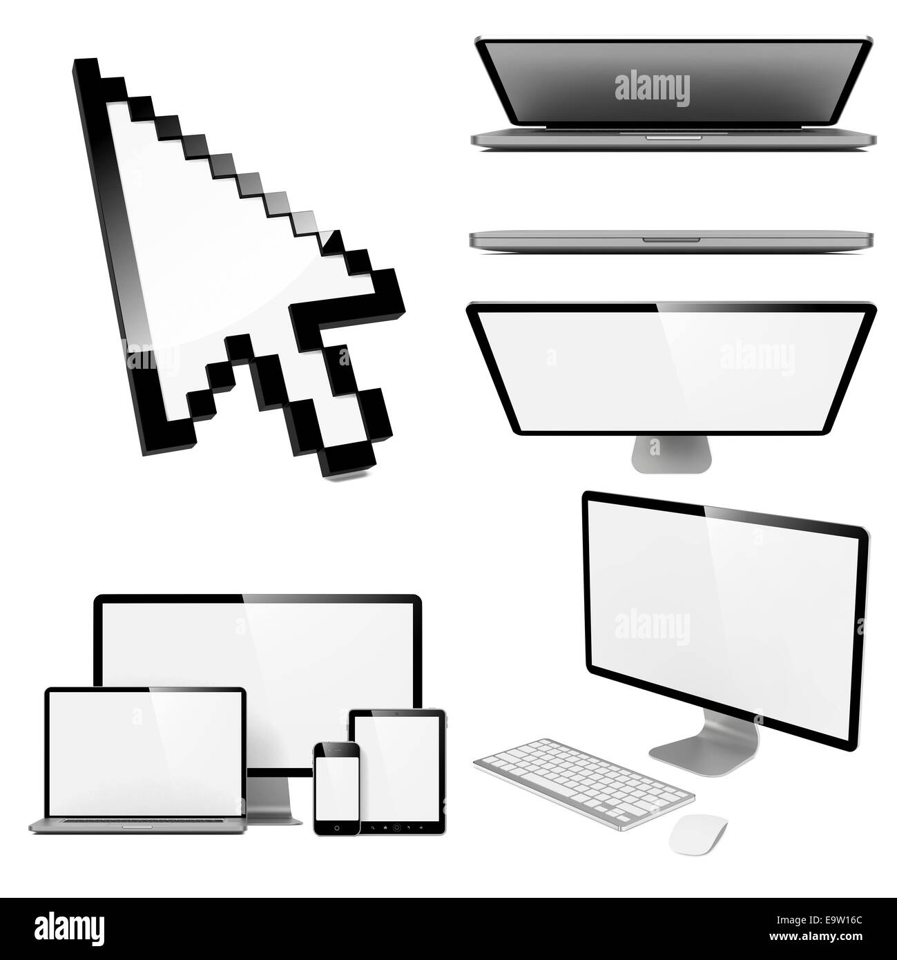 Modern Gadgets Concepts - Set of 3D Computer Monitor, Laptop, Tablet, Smartphones in Different Projections. Stock Photo