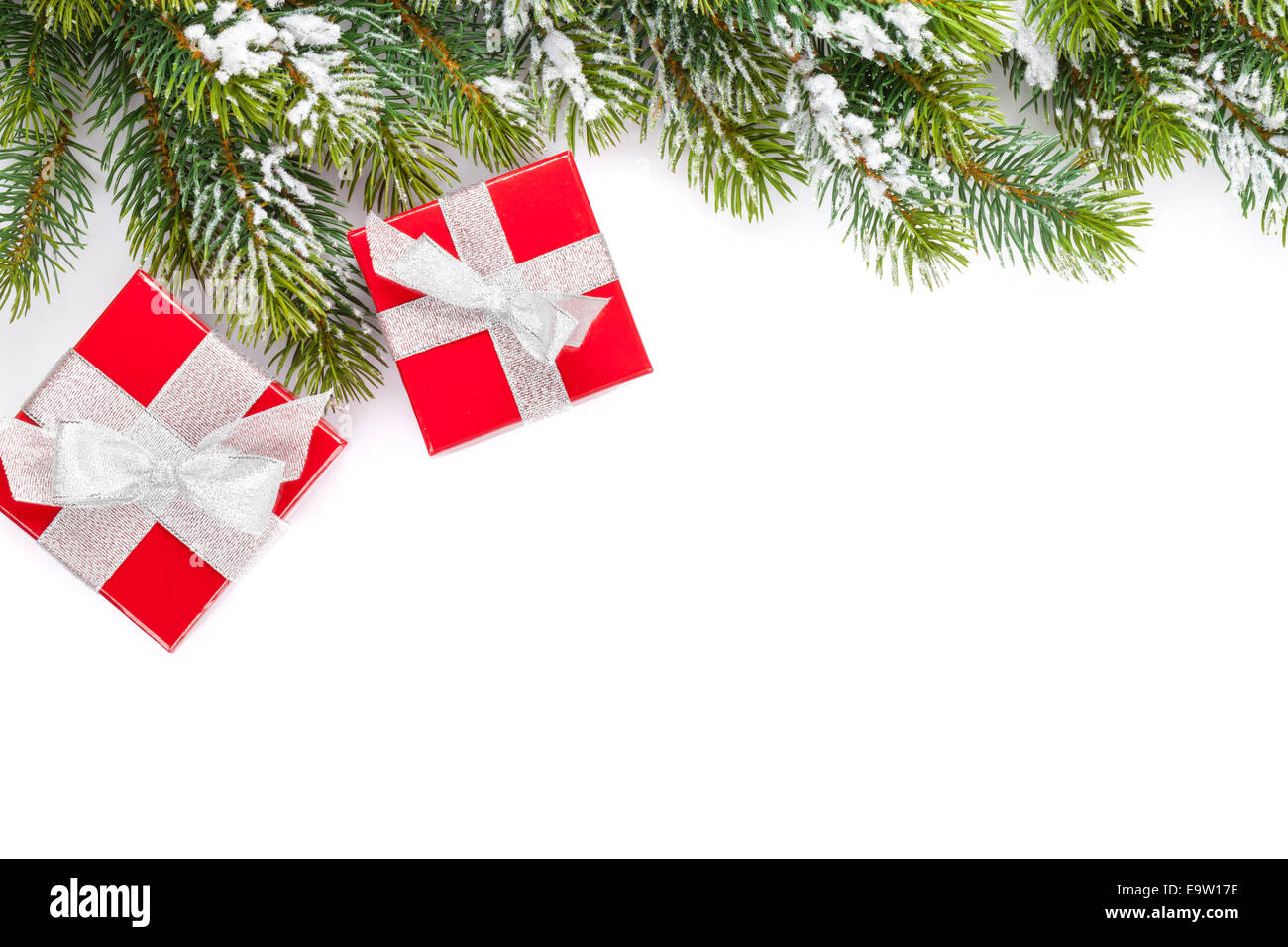 Christmas gift boxes and snow fir tree. Isolated on white background ...