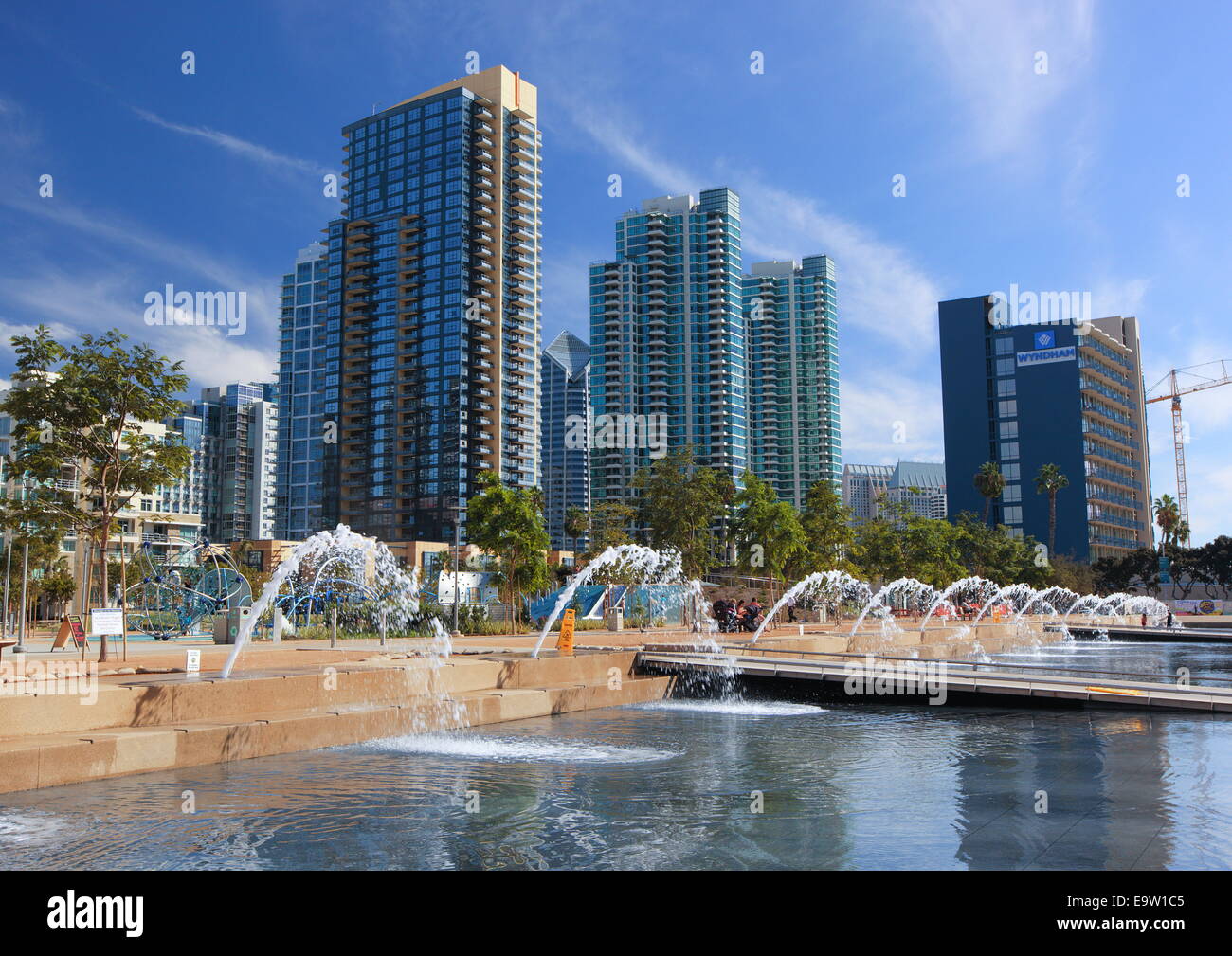 Fountain and city skyline in San Diego, California, USA. Stock Photo