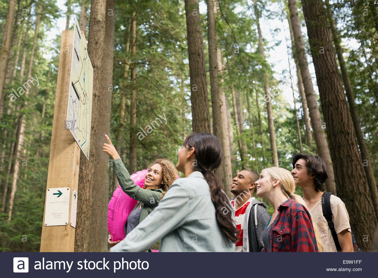 Friends looking at hiking trail map in woods Stock Photo