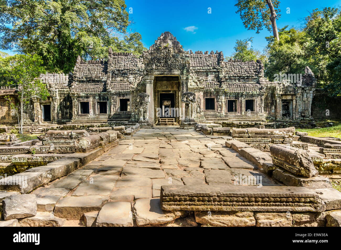Preah Khan was built in 1191 during the reign of King Jayavarman VII. The central Buddhist temple included an image of the Boddh Stock Photo
