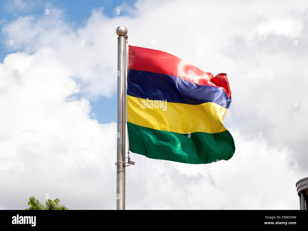 Mauritian flag flying from a flagpole against the sky, Mauritius Stock Photo