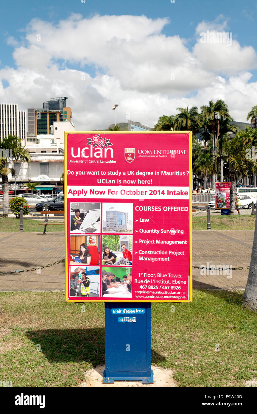 Sign in Mauritius for the British University of Central Lancashire running courses in Mauritius to get a British degree Stock Photo