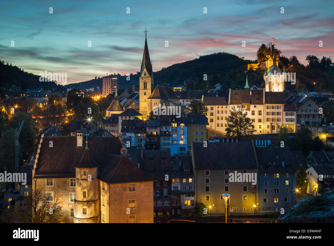 Night falls in Baden, canton of Aargau, Switzerland. Stock Photo