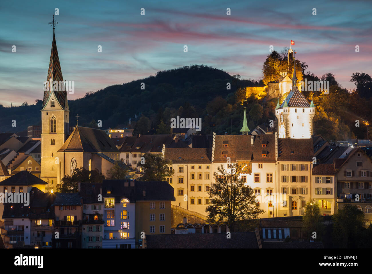 Night falls in Baden, canton of Aargau, Switzerland Stock Photo