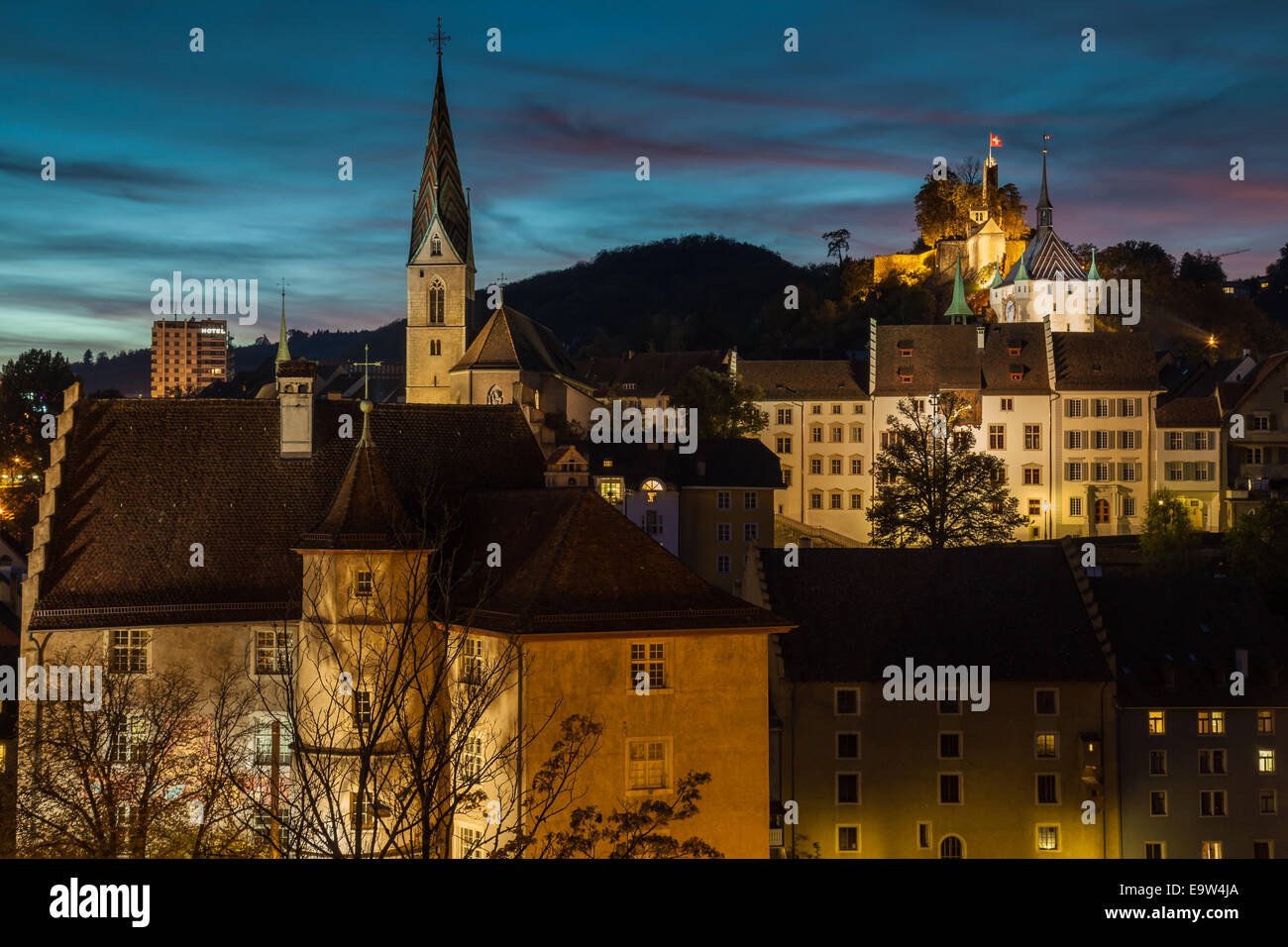 Night falls in Baden, canton of Aargau, Switzerland. Stock Photo