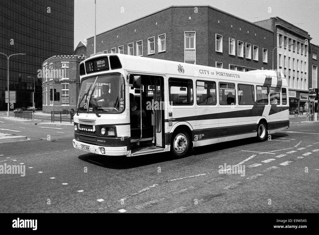 bus near commercial road in portsmouth city center england uk in the 1980s Stock Photo