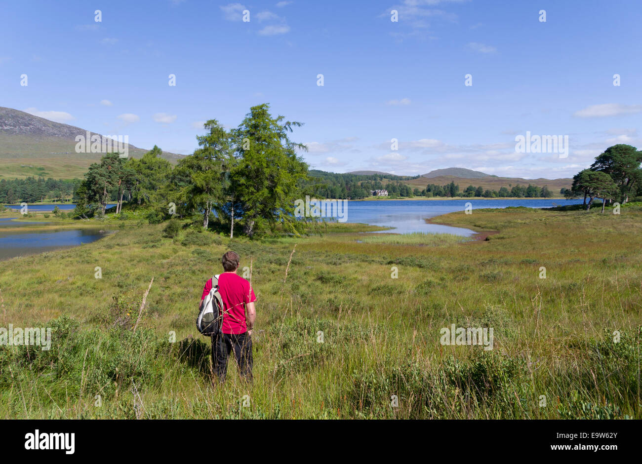 Caucasian Man Looking Towards Loch Tulla & Meall Beag, Argyll & Bute, Scotland, UK MODEL RELEASED Stock Photo