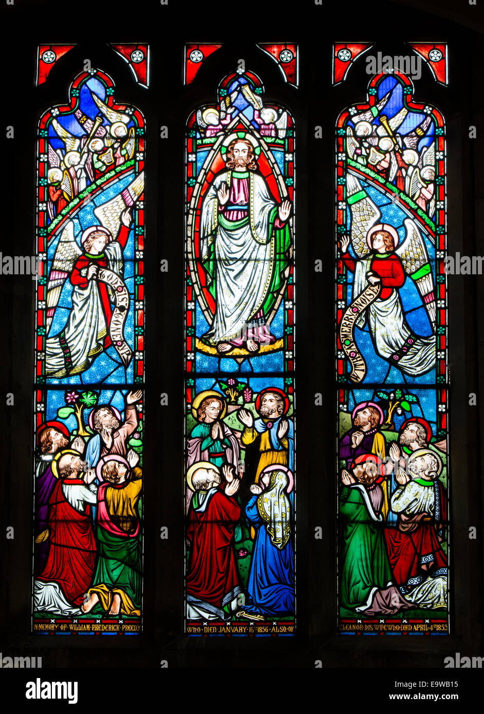 Ascension of Christ stained glass by Frederick Preedy, St. John the Baptist Church, Fladbury, Worcestershire, England, UK Stock Photo