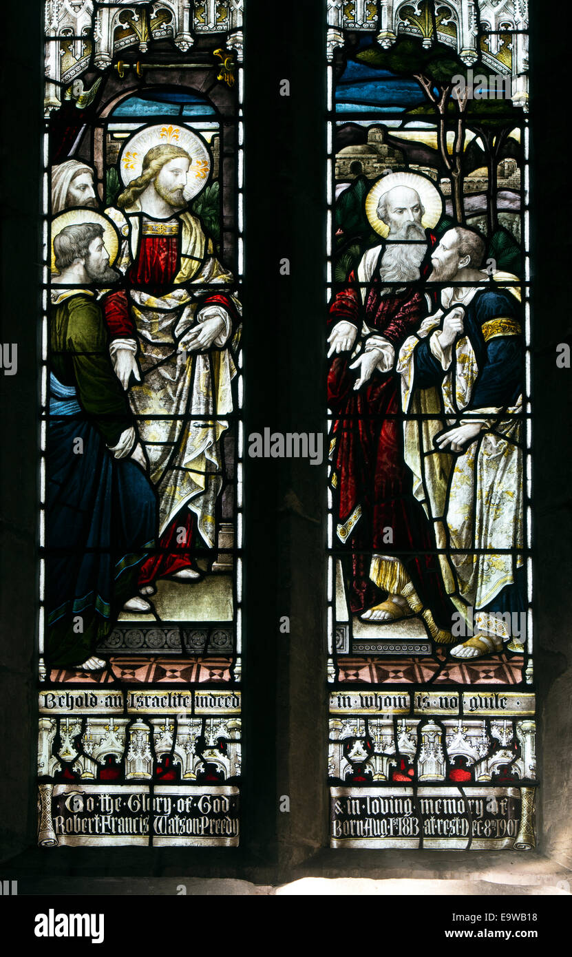 Stained glass window in St. John the Baptist Church, Fladbury, Worcestershire, England, UK Stock Photo