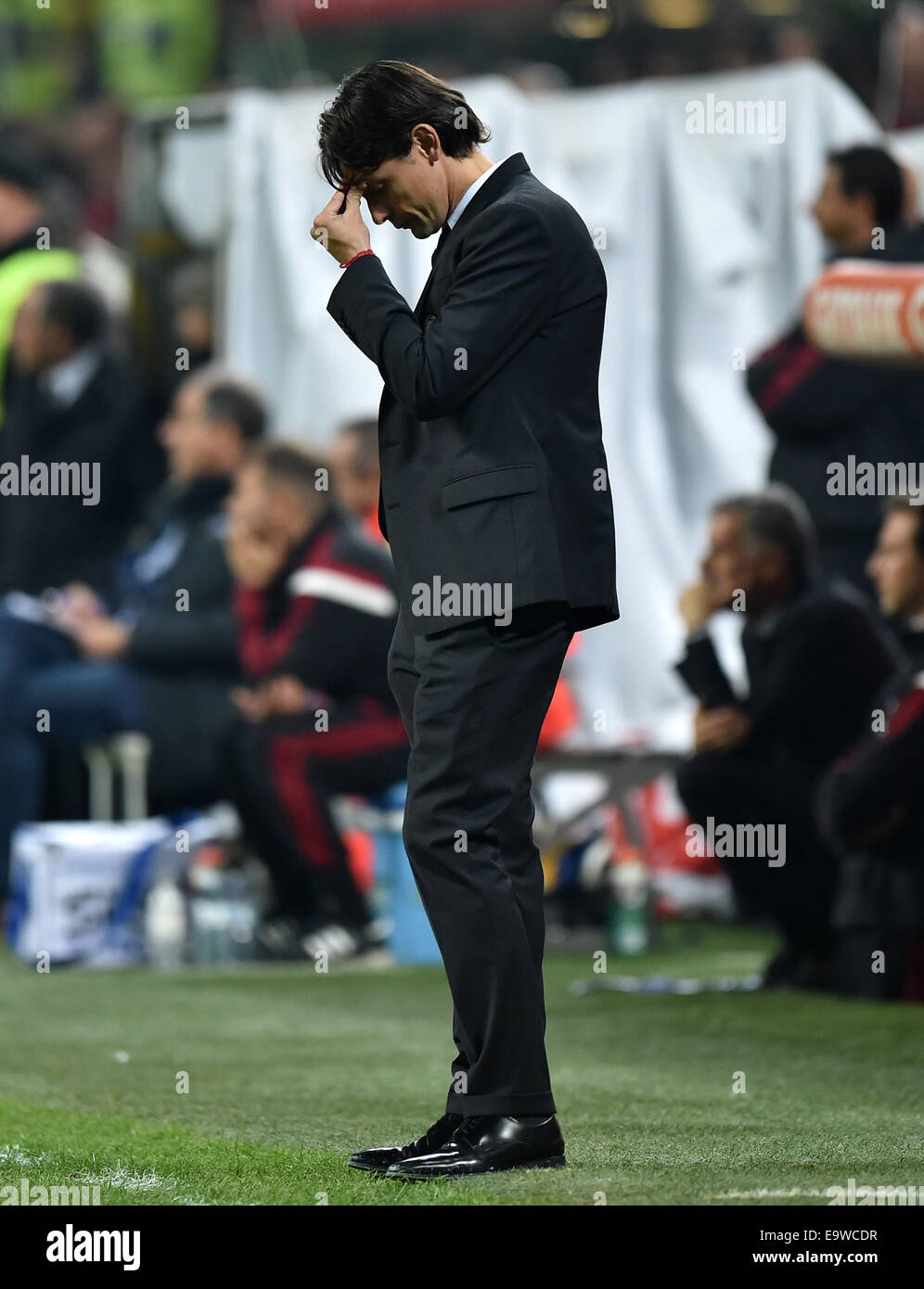 Milan, Italy. 2nd Nov, 2014. Filippo Inzaghi, head coach of AC Milan, reacts during the Serie A football match against Palermo in Milan, Italy, on Nov. 2, 2014. AC Milan lost 0-2. © Alberto Lingria/Xinhua/Alamy Live News Stock Photo