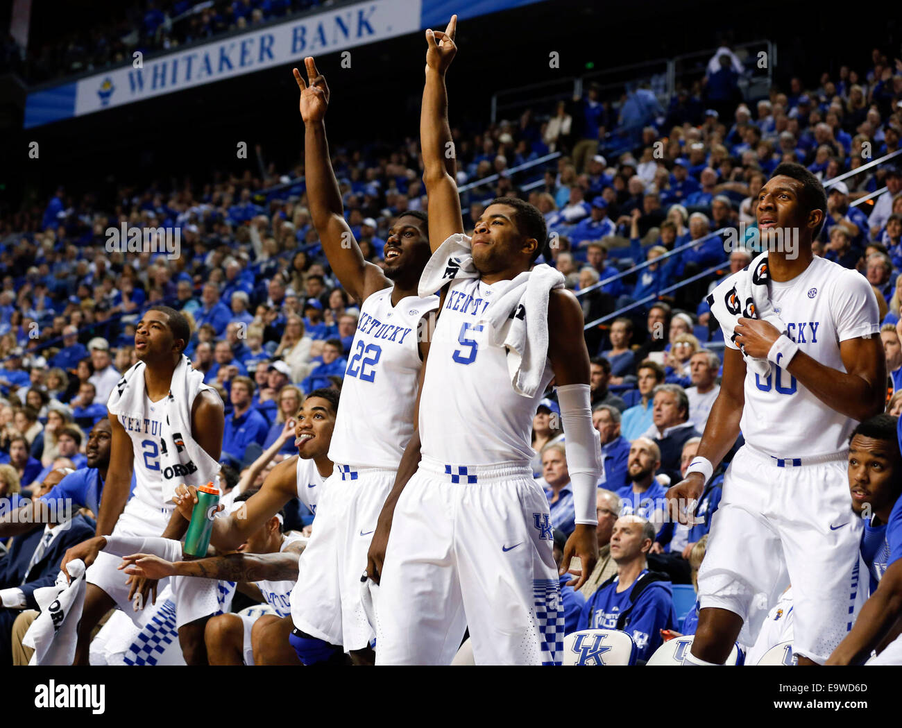 Lexington, KY, USA. 2nd Nov, 2014. The KY bench including Kentucky Wildcats guard Aaron Harrison (2), Kentucky Wildcats forward Alex Poythress (22), Kentucky Wildcats guard Andrew Harrison (5) and Kentucky Wildcats forward Marcus Lee (00) cheered th endear the end of the game as the University of Kentucky played the University of Pikeville in Rupp Arena in Lexington, Ky., Sunday, November 2, 2014. This is second half preseason exhibition basketball. UK won 116-68. Photo by Charles Bertram | Staff. © Lexington Herald-Leader/ZUMA Wire/Alamy Live News Stock Photo