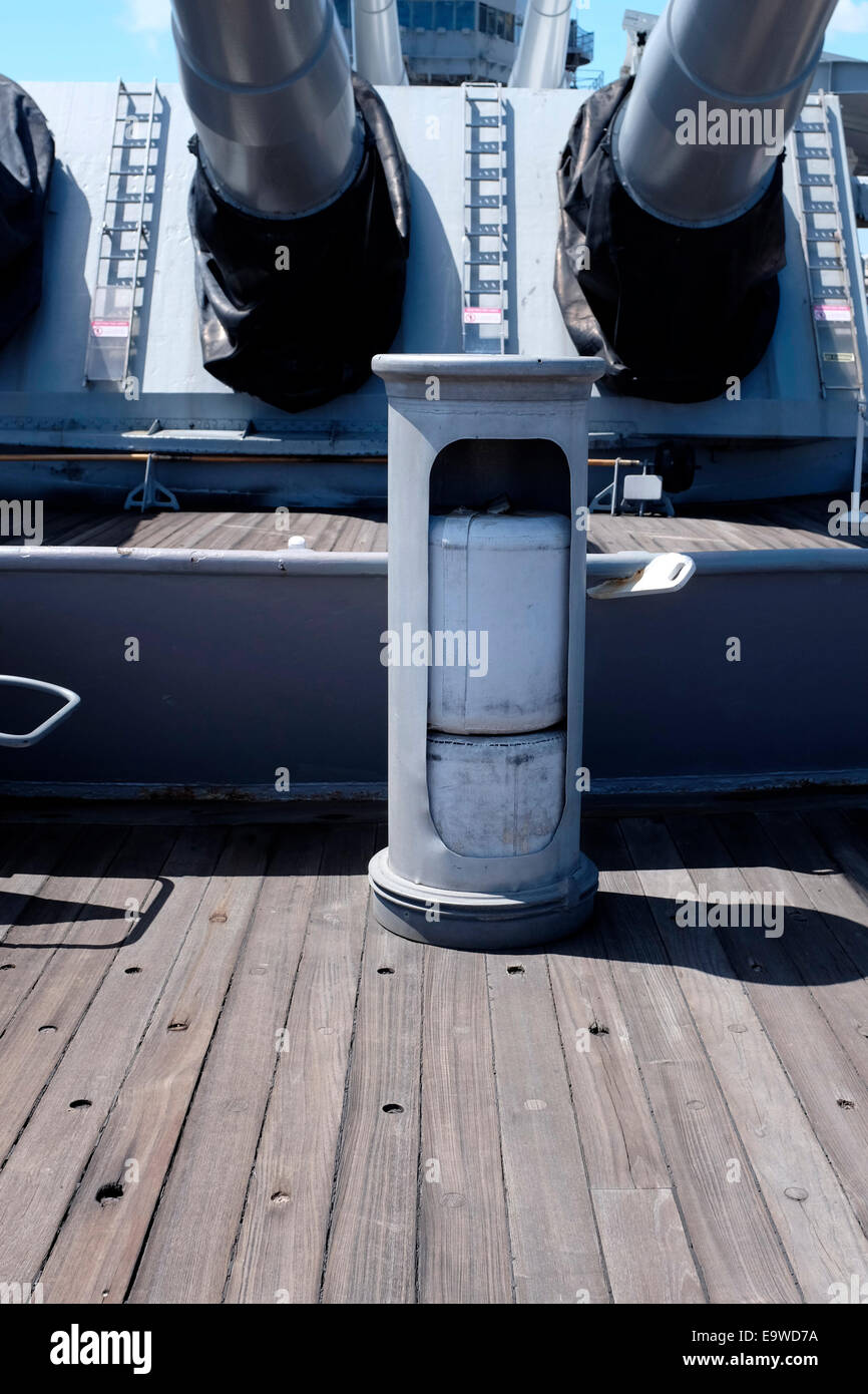 Display showing gunpowder bags used in 16 inch guns on USS Missouri ...