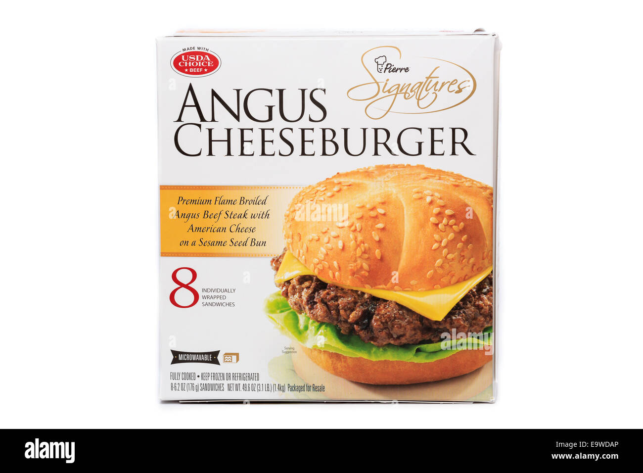 Costco bulk box of Pierre Signatures brand Angus Cheeseburger ready meal Stock Photo