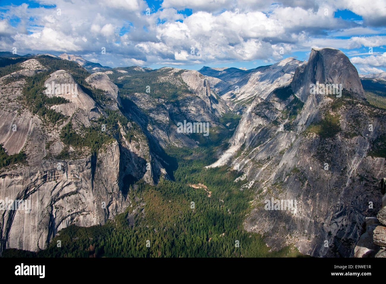 Yosemite National Park from Glacier Point overlook with Half Dome at right. Stock Photo