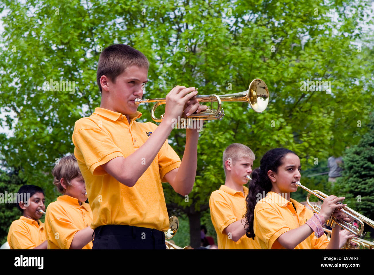 Naperville Memorial Day Parade Boy playing a trumpet Stock Photo Alamy