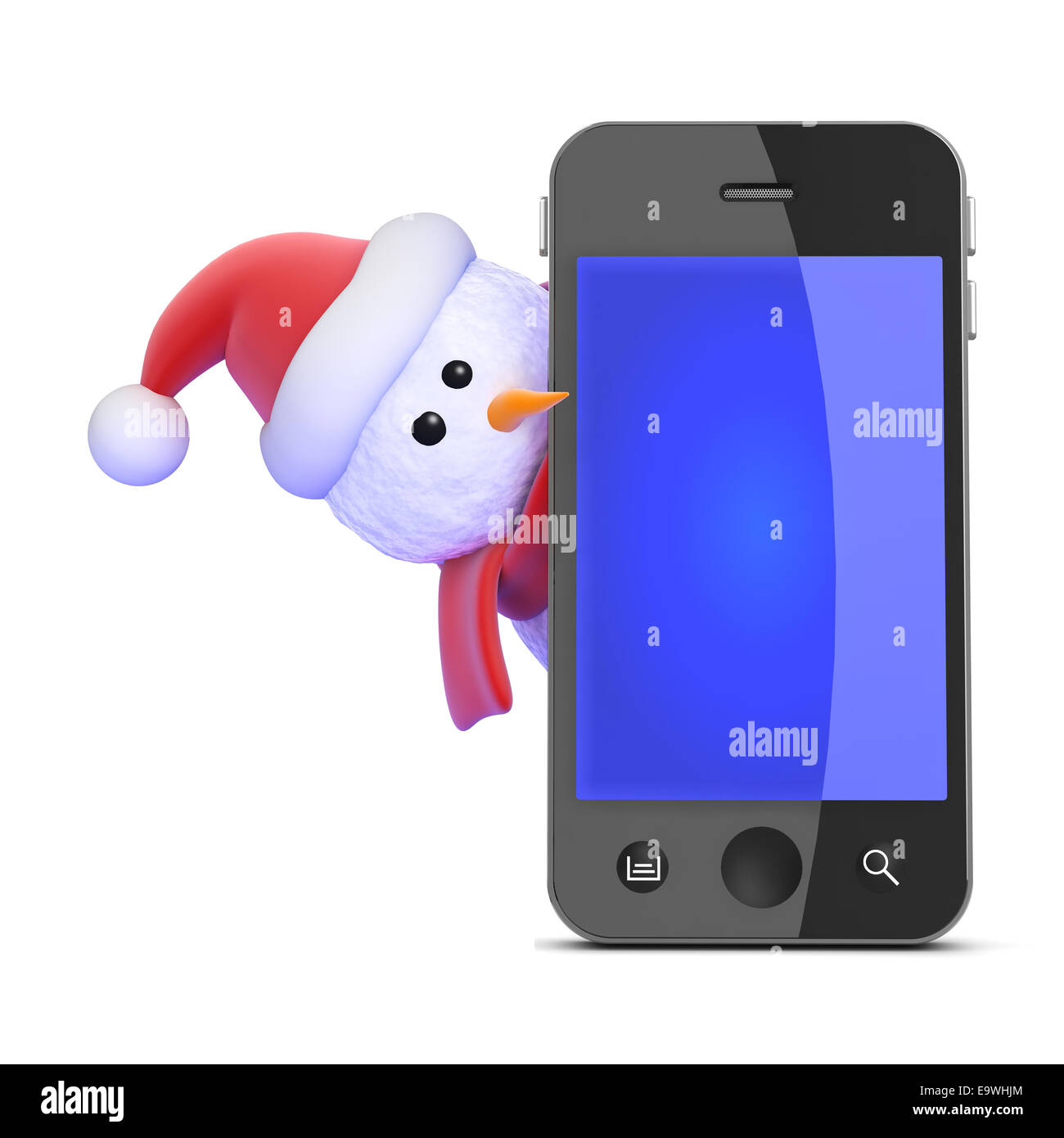 3d render of a snowman wearing a Santa hat and looking round a smartphone Stock Photo
