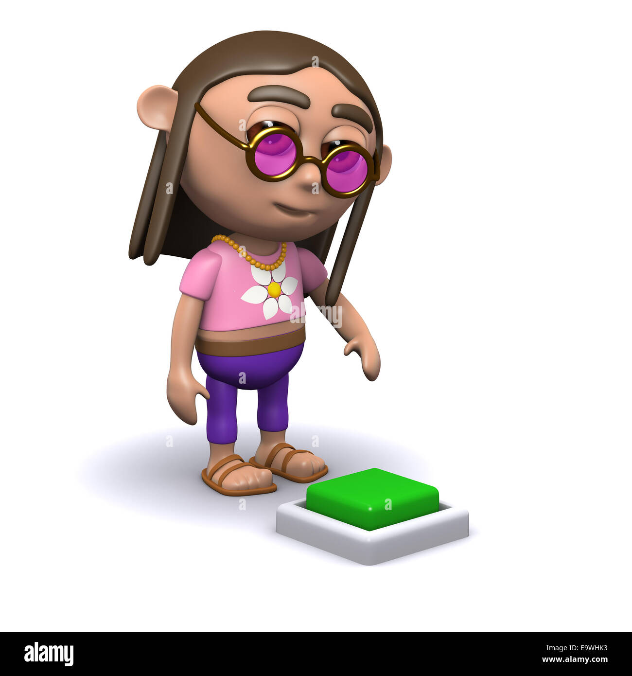 3d render of a hippy looking at a green button Stock Photo