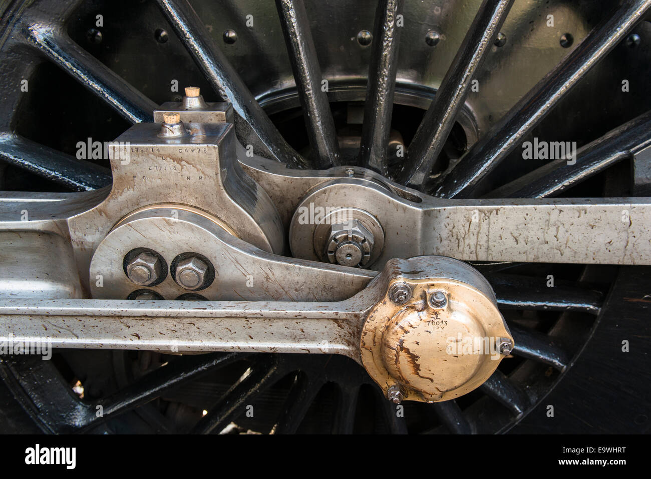 Close up drive wheel of the steam engine train, Oliver Cromwell. Steam train is a Britannia Class 7MT 4-6-2 no 70013. Stock Photo