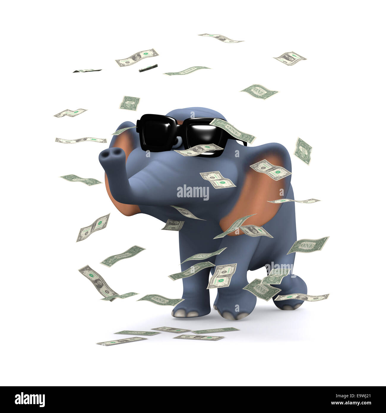 3d render of an elephant surrounded by falling US Dollar bills Stock