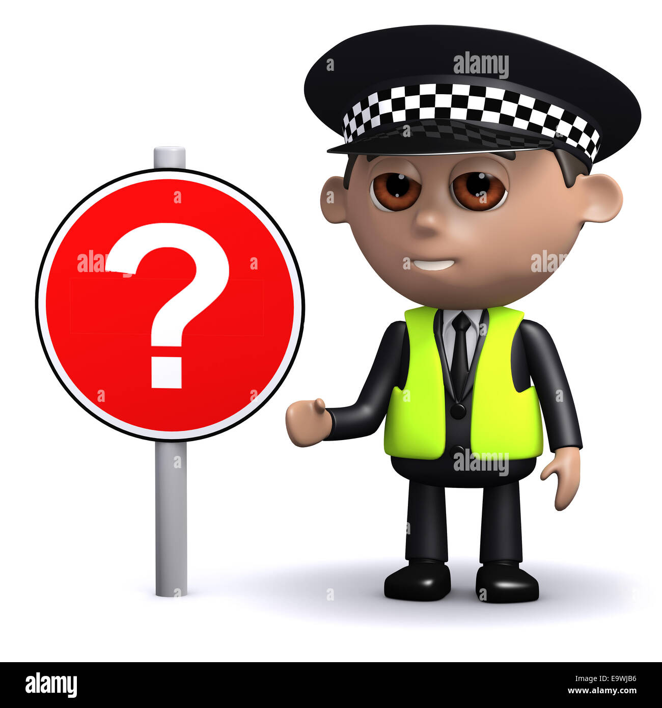 3d render of a police officer with a question mark road sign Stock Photo