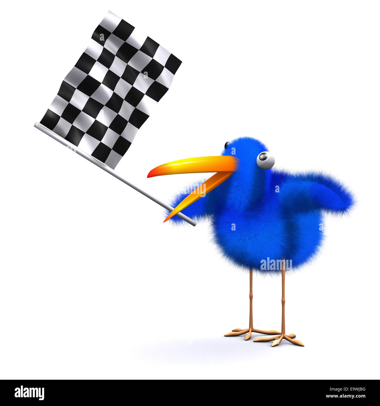 3d render of a blue bird waving a checkered flag Stock Photo
