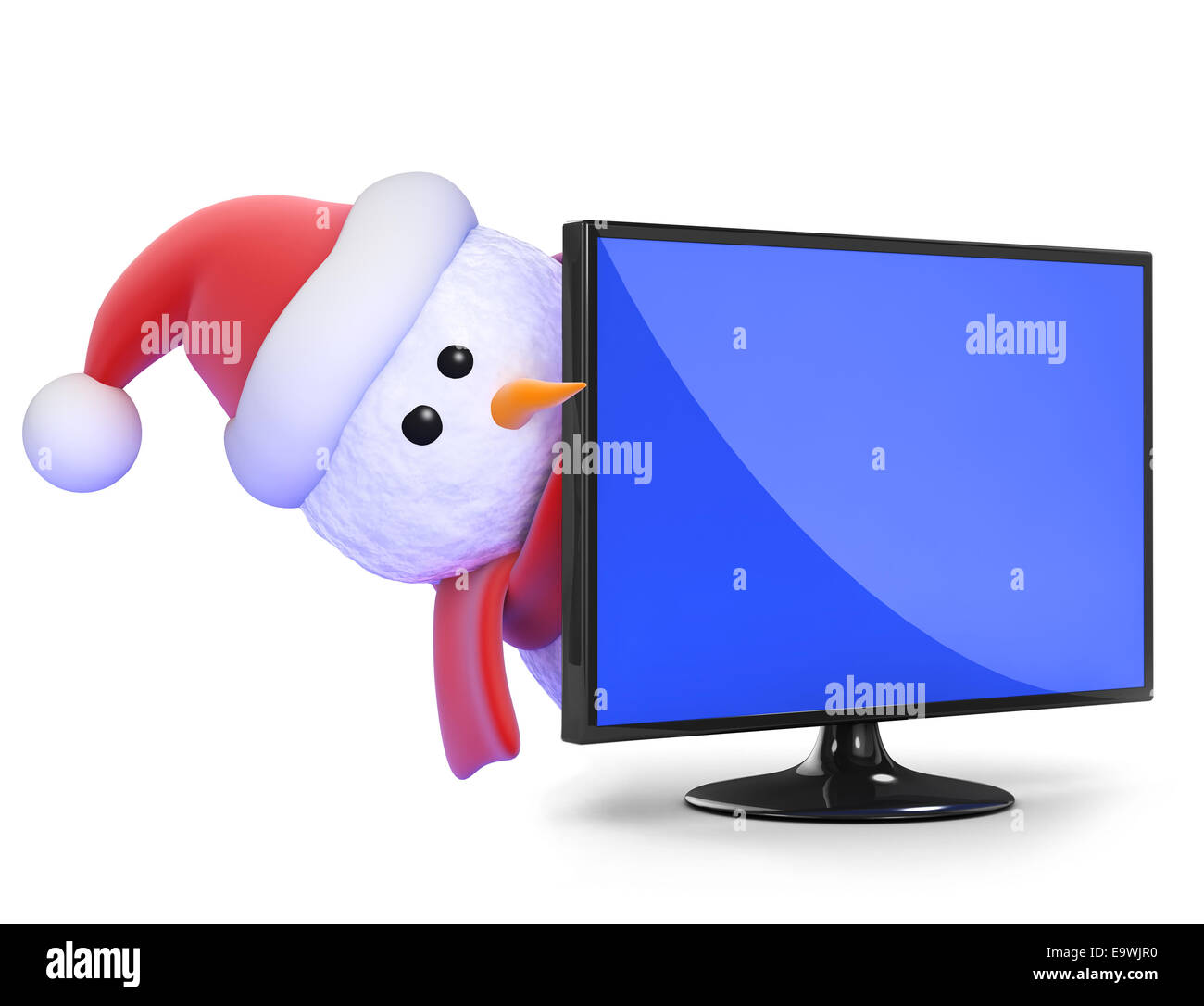 3d render of a snowman wearing a Santa hat and peeping round a ...