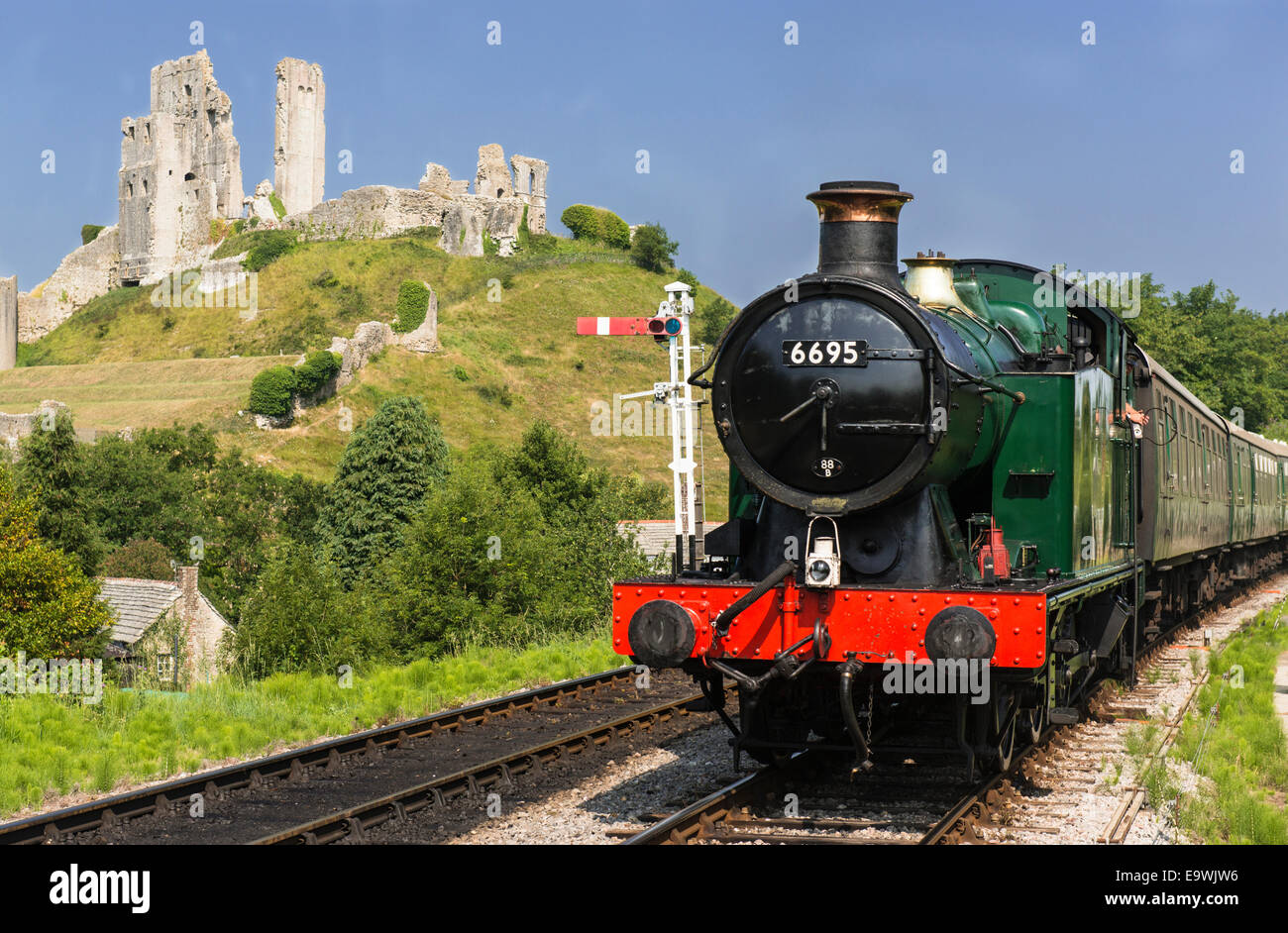 Heritage Swanage Railway with steam engine train 6695 (GWR 062T 5600
